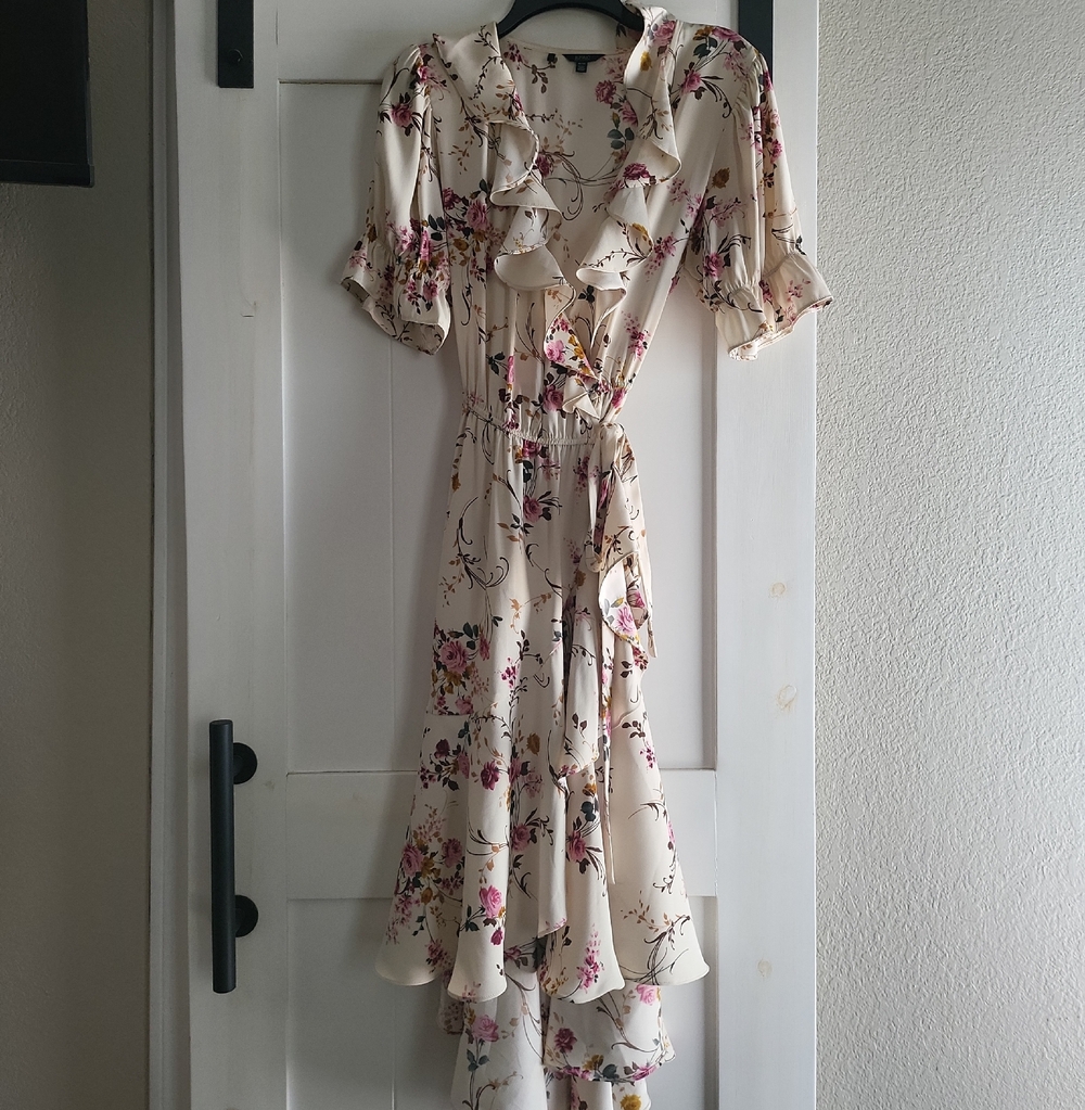 BUFFALO Cream Floral Ruffle High Low Wrap Dress